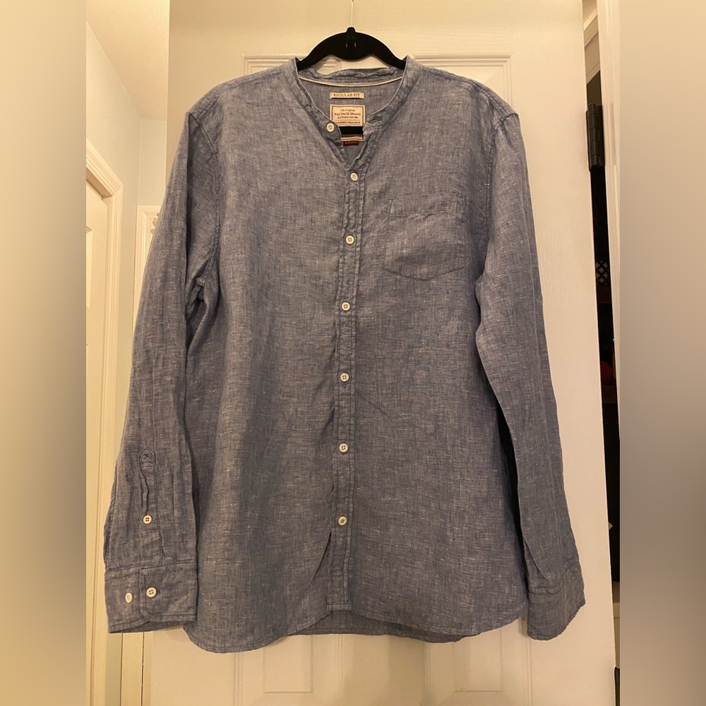 Fat Face XL Linen Chambray Blue Button Down Regular Fit Grandad Shirt Coastal
